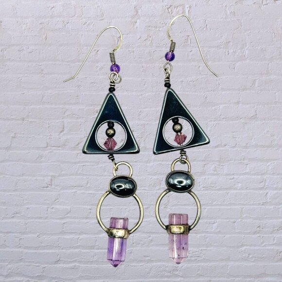 Vintage Geometric Triangle Earrings W/ Amethyst Crystal Dangle & Hematite Accent - Picture 7 of 7